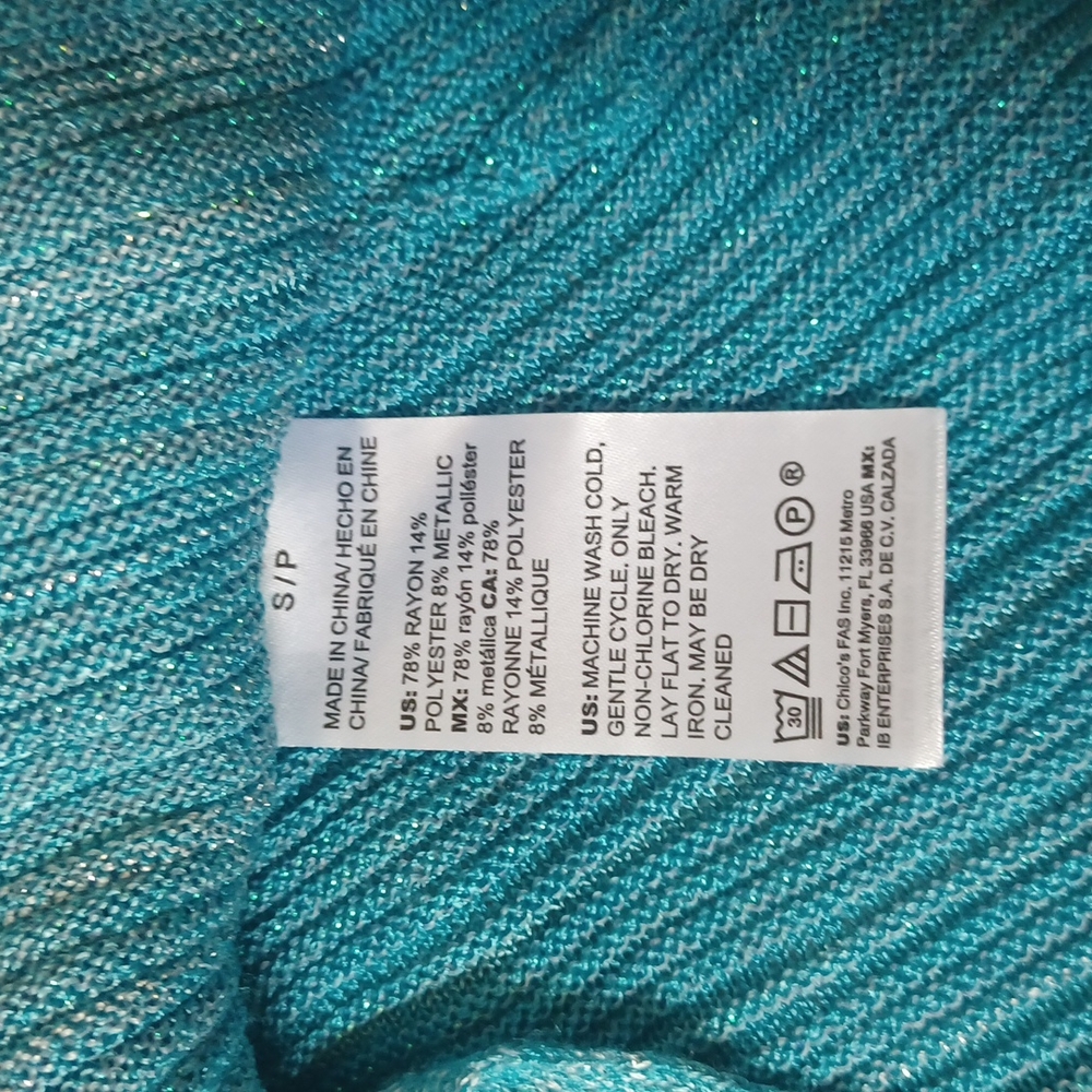 WHBM Turquoise and silver metalic ribbed short sleeve top. - Picture 3 of 5